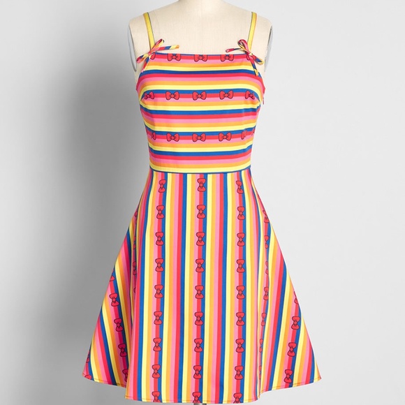 Modcloth Striped Hello Kitty Bow Print Dress Size Small Orange Yellow Pink Blue - Picture 5 of 5